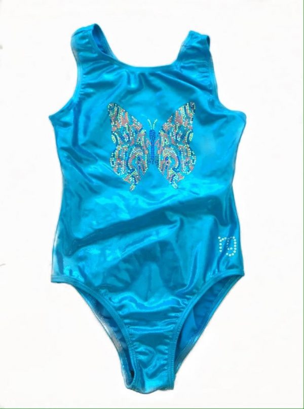 M&G Sportwear Aqua Butterfly Sparkle Foil Gymnastics Leotard - Size 10 years-0